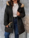 Plus Size Casual Winter Coat, Women's Plus Solid Quilted Fuzzy Trim Hooded Long Sleeve Hooded Nipped Waist Tunic Puffer Coat With Pockets