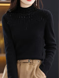 gbolsos  Rhinestone Mock Neck Pullover Sweater, Casual Long Sleeve Stylish Versatile Sweater, Women's Clothing