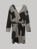 Geo Print Hooded Dress, Casual V Neck Long Sleeve Drawstring Waist Dress, Women's Clothing