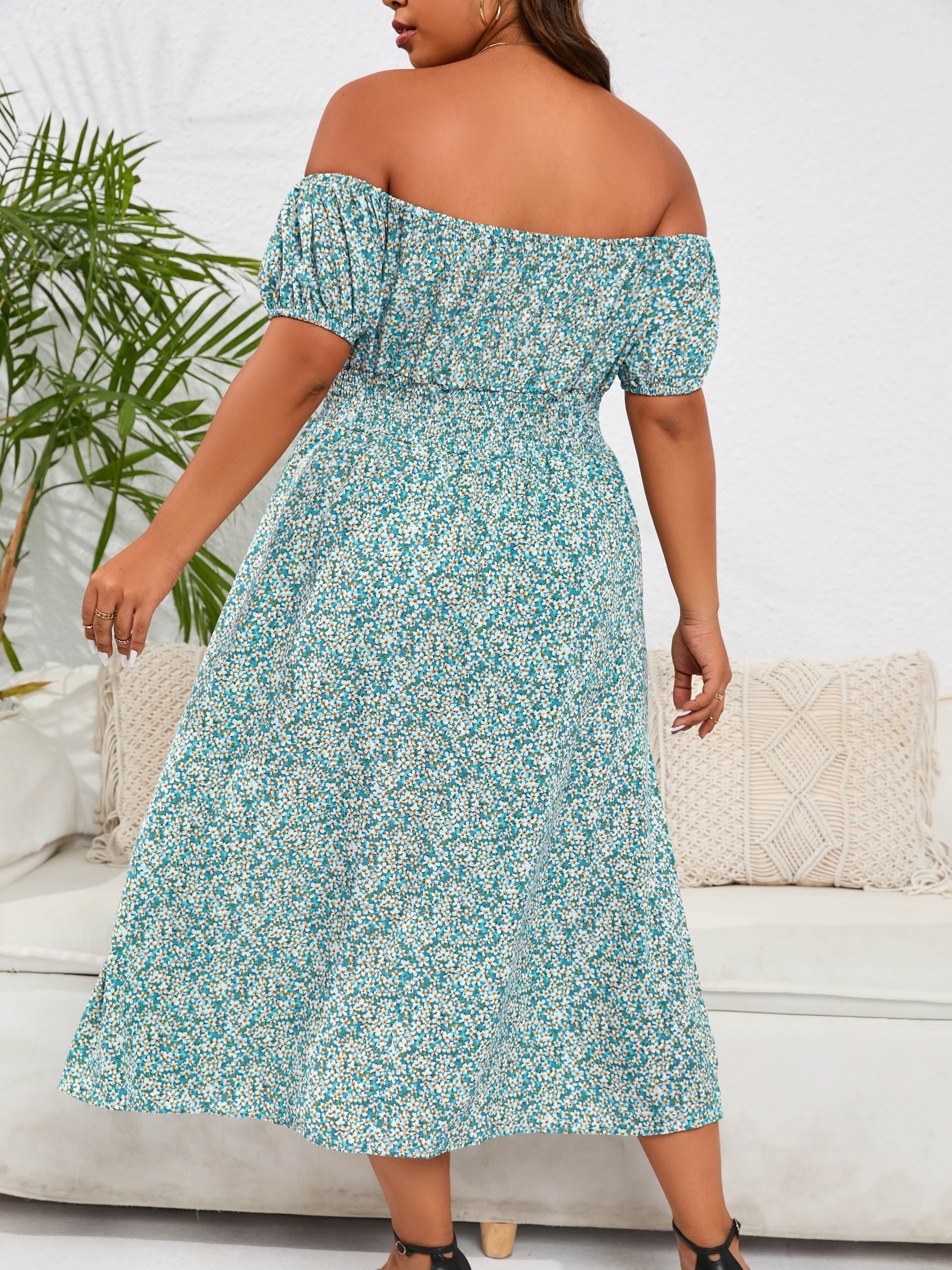 gbolsos  Plus Size Elegant Dress, Women's Plus Ditsy Floral Print Off Shoulder Shirred Nipped Waist Dress