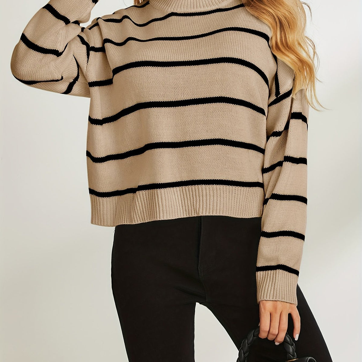 Stripe Print Drop Shoulder Knit Sweater, Casual Crew Neck Long Sleeve Pullover Sweater, Women's Clothing