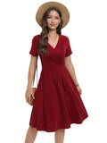 A-line Solid V Neck Dress, Casual Short Sleeve Dress For Spring & Summer, Women's Clothing