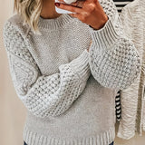 Solid Crew Neck Chunky Knit Sweater, Casual Long Sleeve Loose Pullover Sweater, Women's Clothing