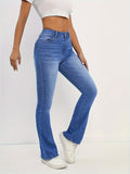 gbolsos  Stretchy Washed Blue Boot-Cut Jeans, High Rise Stylish Slash Pocket Denim Pants, Women's Denim Jeans & Clothing