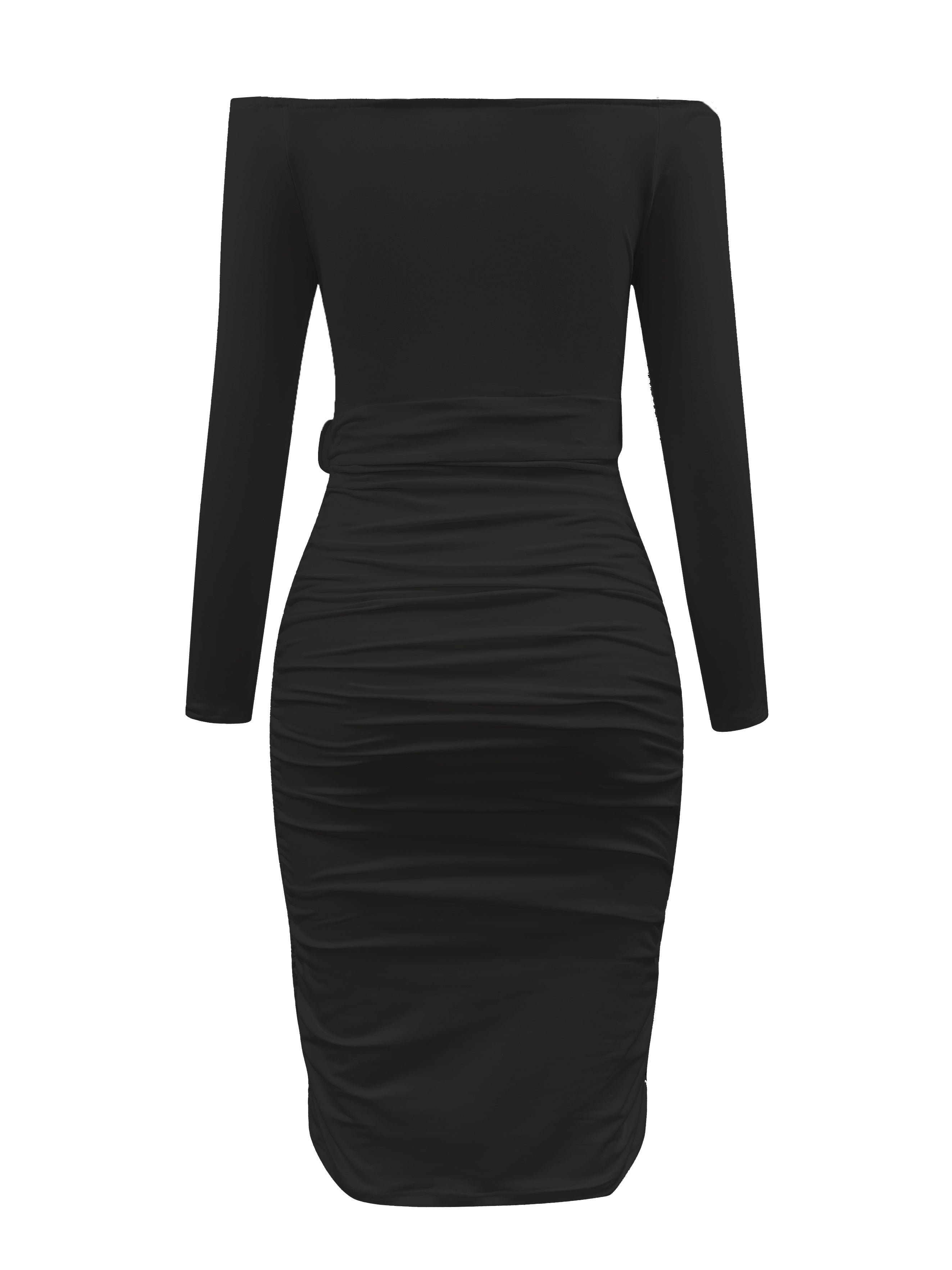gbolsos  Ruched Solid Dress, Casual Off Shoulder Bodycon Long Sleeve Dress, Women's Clothing