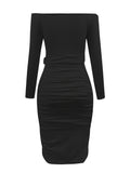 Ruched Solid Dress, Casual Off Shoulder Bodycon Long Sleeve Dress, Women's Clothing