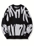 Stylish Letter Knitted Sweater, Men's Casual Warm Slightly Stretch Street Style Round Neck Pullover Sweater For Fall Winter