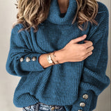 Women's Sweater Casual Turtleneck Solid Color Knitted Buttons Loose Fall Winter Sweater
