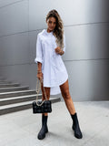 gbolsos  V-neck Loose Shirt Dress, Simple Button Long Sleeve Fall Shirt Dresses, Women's Clothing