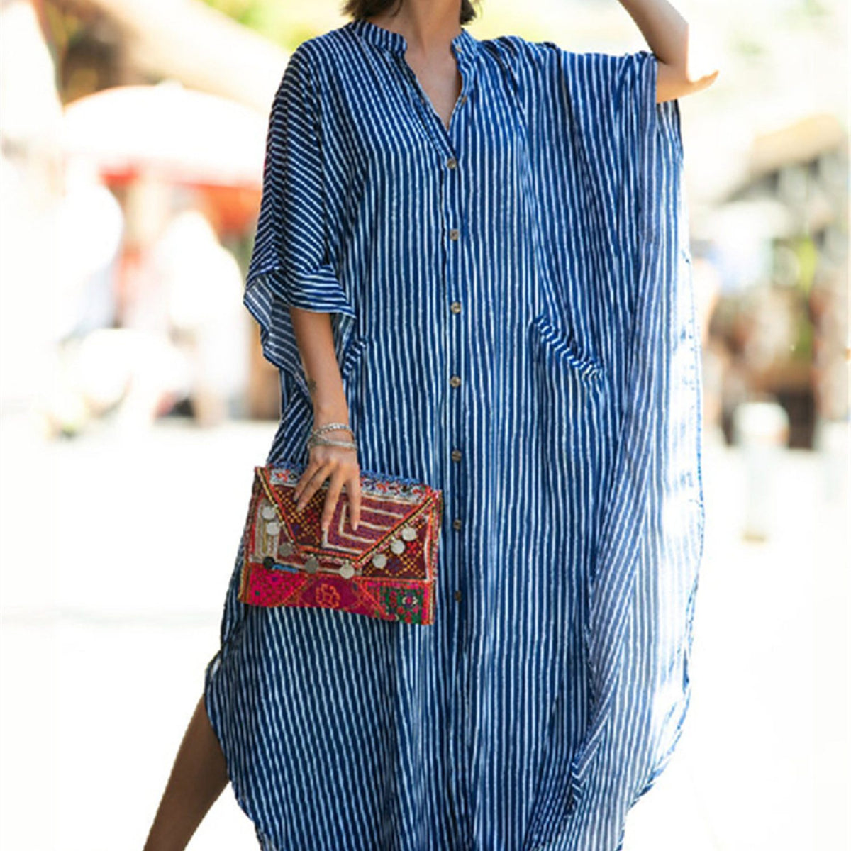 Bohemian Striped Elegant Beach Dress, Casual Every Day Vacation Dress For Spring & Summer, Women's Clothing