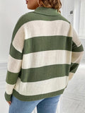 gbolsos   Plus Size Casual Sweater, Women's Plus Colorblock Stripe Print Drop Shoulder Long Sleeve V Neck Lapel Collar Slight Stretch Pullover Sweater