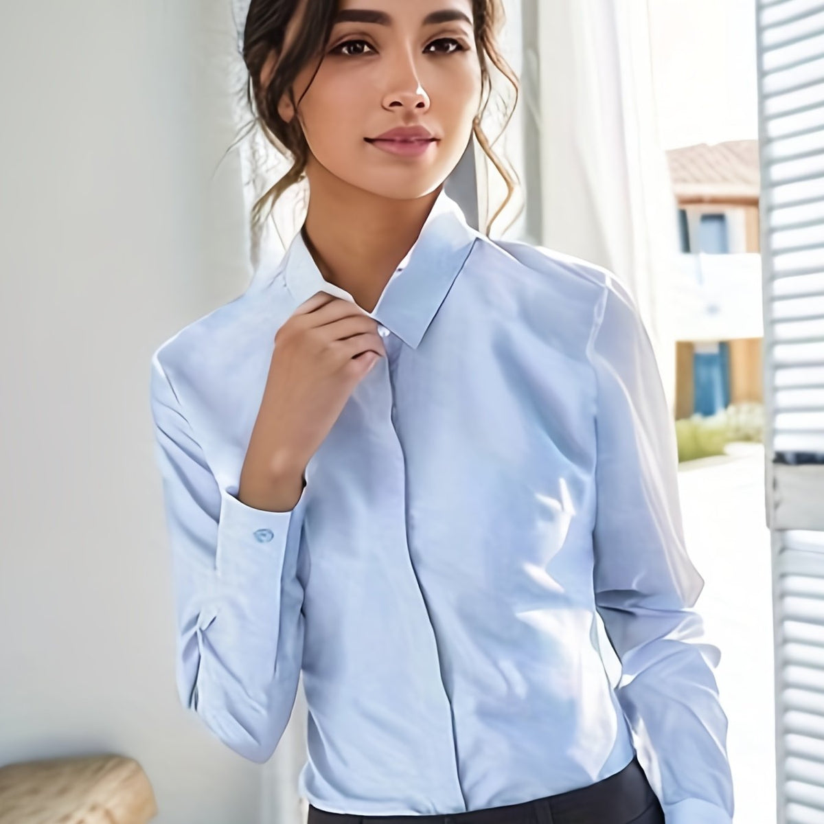 White Lapel Neck Button-down Business Shirts, Long Sleeve Casual Every Day Top, Women's Clothing