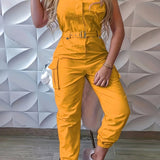 elveswallet  Flap Pockets Belted Overall Jumpsuit, Casual Overall Jumpsuit For Spring & Summer, Women's Clothing