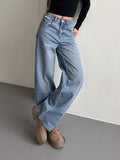 gbolsos  Loose Fit Washed Straight Jeans, Slant Pockets Non-Stretch Casual Denim Pants, Women's Denim Jeans & Clothing