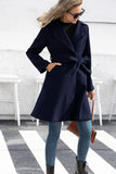 Solid Double Breasted Pea Coat, Elegant Belted Lapel Outwear For Fall & Winter, Women's Clothing