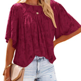 gbolsos  Casual Lace Flare Sleeve Blouse, Short Sleeve Crew Neck Solid Blouse, Casual Every Day Tops, Women's Clothing