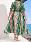 gbolsos  Plus Size Boho Dress, Women's Plus Random Print Flutter Sleeve Surplice Neck Maxi Dress With Belt