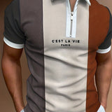 'C'EST LA VIE' Casual Short Sleeves Polo Shirts, Zipper V-neck Tee, Men's Comfortable Slim Tops Summer Clothing