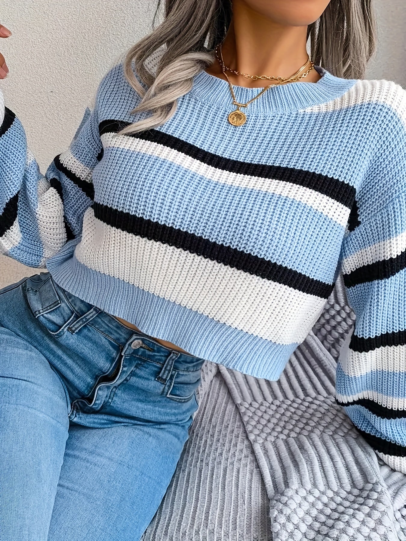 gbolsos  Striped Crew Neck Crop Sweater, Casual Long Sleeve Sweater For Spring & Fall, Women's Clothing