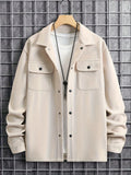 Plus Size Men's Solid Jacket With Pockets, Spring/autumn Button Up Jacket For Males, Men's Clothing