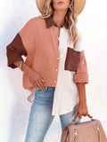 Color Block Stitching Shirt, Casual Pocket Long Sleeve Button Down Shirt, Women's Clothing