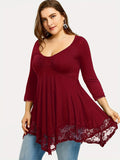 gbolsos  Plus Size Floral Jacquard Contrast Lace Solid Tops, Women's Plus Round Neck Long Sleeve Elegant Top