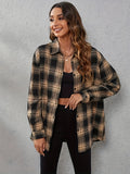 Casual Plaid Button Loose Blouses, Gingham V-neck Long Sleeve Fit Fashion Tops, Women's Clothing