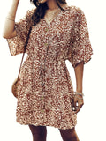 Floral Print V Neck Button Front Dress, Casual Loose Sleeve Dress For Summer, Women's Clothing