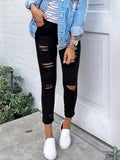 gbolsos  Plain Ripped Holes Skinny Jeans, Slim Fit Slash Pockets Slight-Stretch Casual Denim Pants, Women's Denim Jeans & Clothing