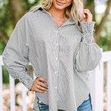 Striped Print Shirred Shirt, Casual Button Front Long Sleeve Shirt, Women's Clothing