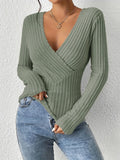 gbolsos  Solid Rib Knit Sweater, Casual V Neck Long Sleeve Slim Sweater, Women's Clothing
