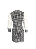 Houndstooth Print Splicing Dress, Elegant Bodycon Ruched Long Sleeve Dress, Women's Clothing