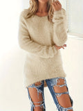 gbolsos   Plus Size Casual Sweater, Women's Plus Solid Long Sleeve Round Neck Loose Fluffy Pullover Sweater