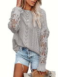 gbolsos   Contrast Lace Eyelet Knit Sweater, Casual Crew Neck Long Sleeve Sweater, Women's Clothing