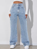 Light Blue Versatile Straight Jeans, Loose Fit Slash Pockets Baggy Denim Pants, Women's Denim Jeans & Clothing