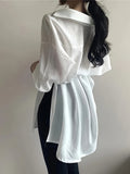 gbolsos  Solid Tie Waist Asymmetrical Hem Blouse, Versatile Long Sleeve Button Front Blouse, Women's Clothing