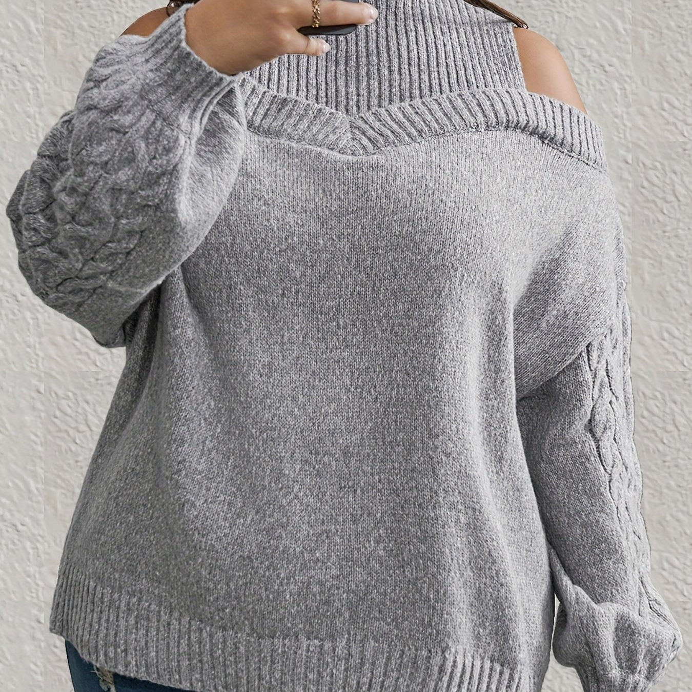 gbolsos   Plus Size Turtle Neck Cold Shoulder Jacquard Sweater, Women's Plus Casual Slight Stretch Knitwear Tops