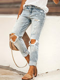 gbolsos  Blue Loose Fit Straight Jeans, Slash Pockets Ripped Holes Distressed Denim Pants, Women's Denim Jeans & Clothing