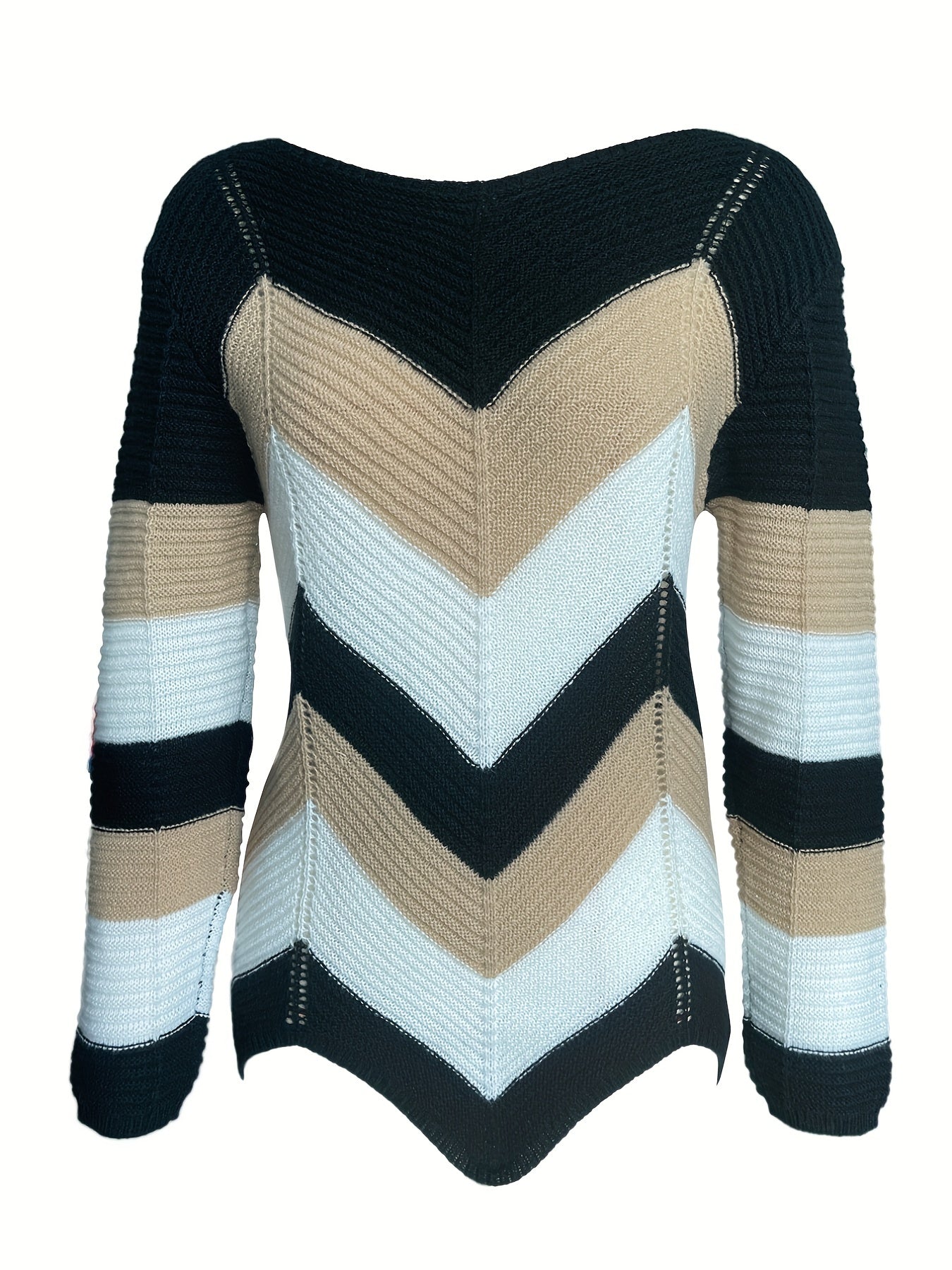 gbolsos  Hollow Color Block Knit Sweater, Casual Versatile Long Sleeve Sweater, Women's Clothing