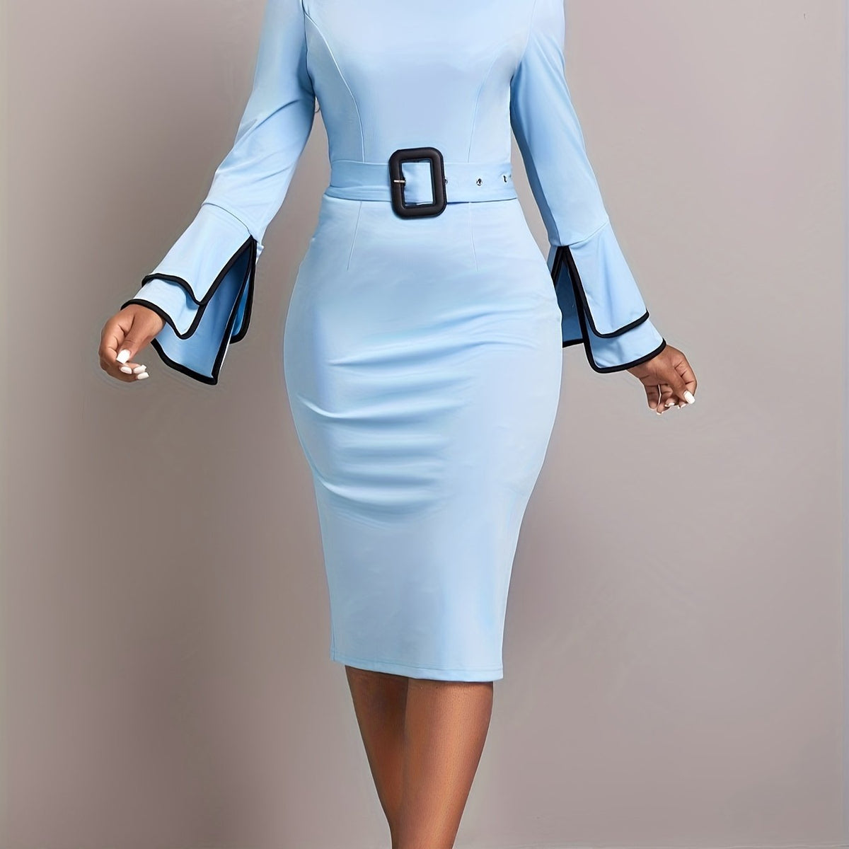 Contrast Trim Bodycon Dress, Elegant Crew Neck Long Sleeve Work Office Dress, Women's Clothing