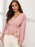 Plaid Print Surplice Neck Blouse, Casual Long Sleeve Blouse For Spring & Fall, Women's Clothing