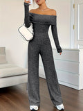 Ribbed Off Shoulder Jumpsuit, Casual Long Sleeve Jumpsuit For Spring & Fall, Women's Clothing