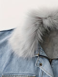 gbolsos  Fluffy Plush Collar & Cuffs Winter Warm Fur Fleece Coat, Extra Large Square Pockets Drawstring Hem Denim Jacket, Women's Denim Jackets