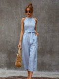 gbolsos  Striped Wide Leg Tie Front Jumpsuit, Boho Sleeveless Jumpsuit For Spring & Summer, Women's Clothing