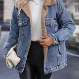 gbolsos  Plus Size basic Denim Jacket, Women's Plus Fleece Liner Long Sleeve Warm Winter Denim Jacket With Flap Pockets