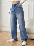 gbolsos  Blue Casual Wide Legs Jeans, Loose Fit Slash Pockets Straight Legs Mid Waist Denim Pants, Women's Denim Jeans & Clothing