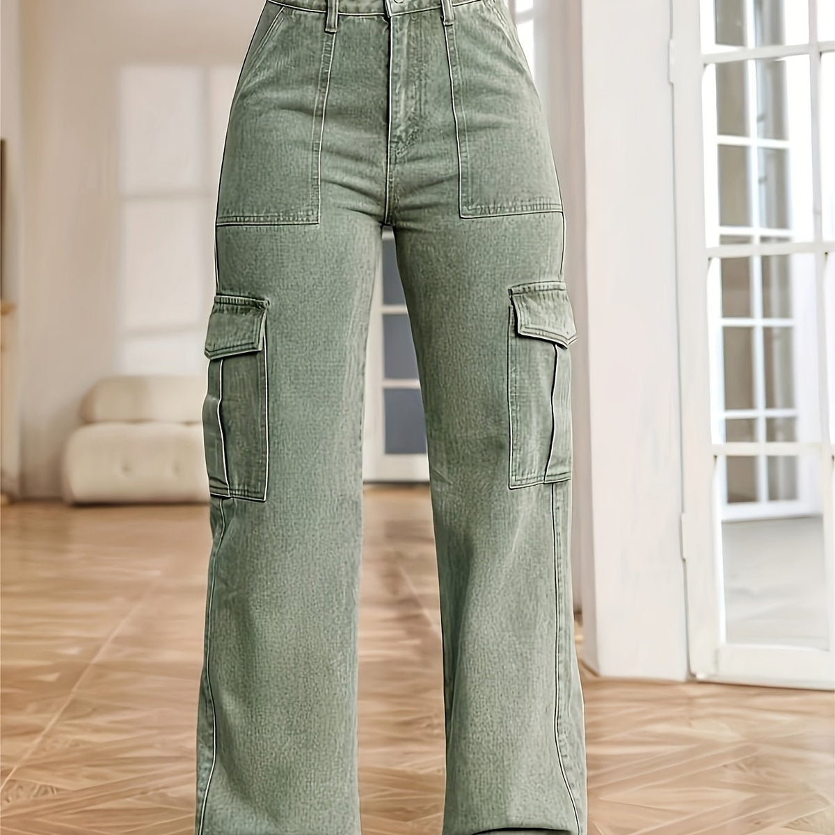 Washed Flap Pockets Cargo Pants, Loose Fit Y2K & Kpop Style Straight Jeans, Women's Denim Jeans & Clothing