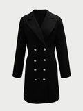 Solid Double Breasted Lapel Overcoat, Versatile Long Sleeve Midi Length Fall & Winter Outwear, Women's Clothing