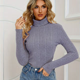 Ribbed Turtleneck T-Shirt, Casual Long Sleeve Top For Fall & Winter, Women's Clothing