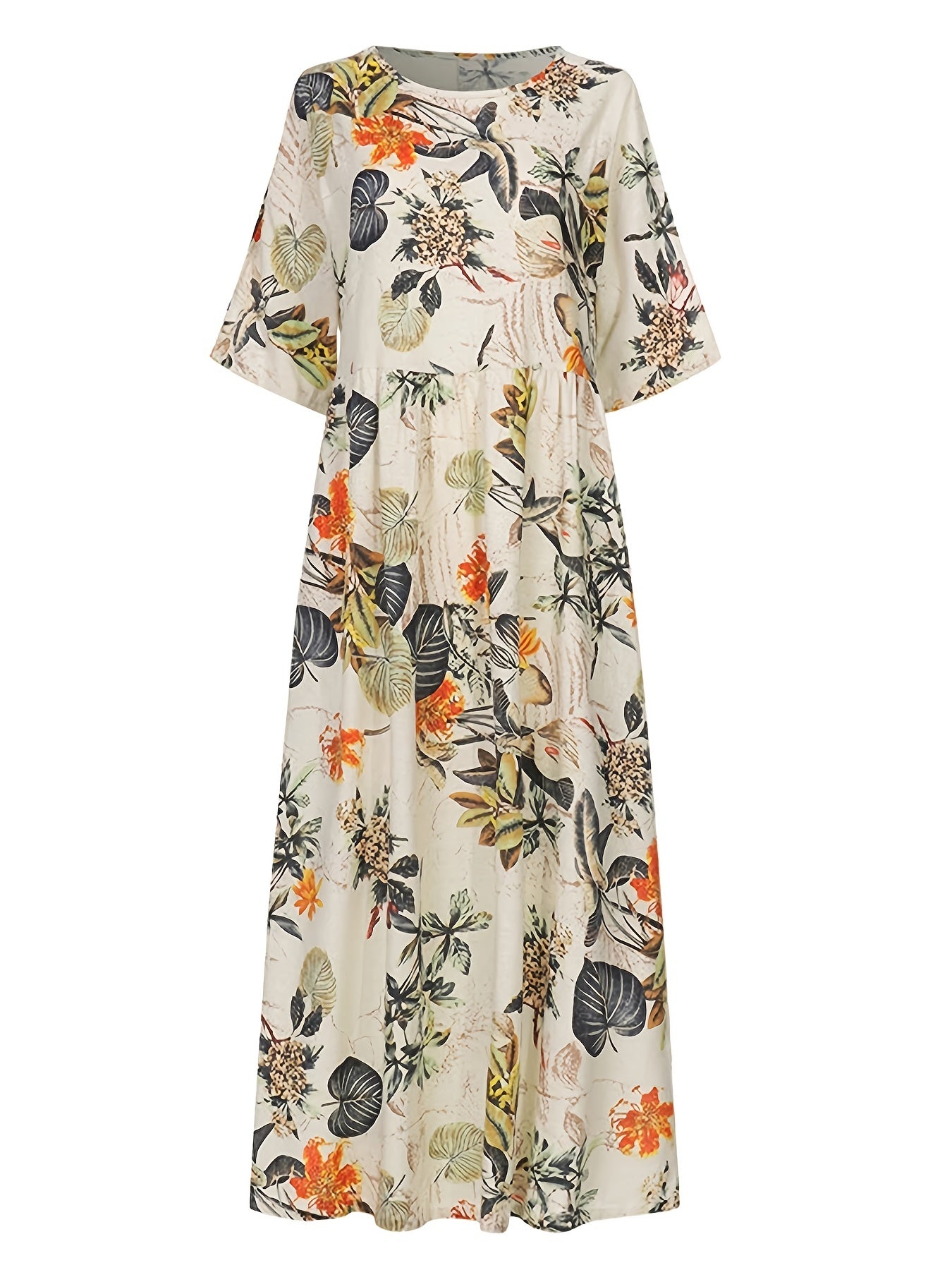 gbolsos  Plus Size Casual Dress, Women's Plus Floral Print Half Sleeve Round Neck Maxi Dress